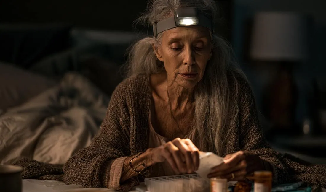 A senior woman wearing an LED headlamp sorting medications into a pill organizer at night, both hands free