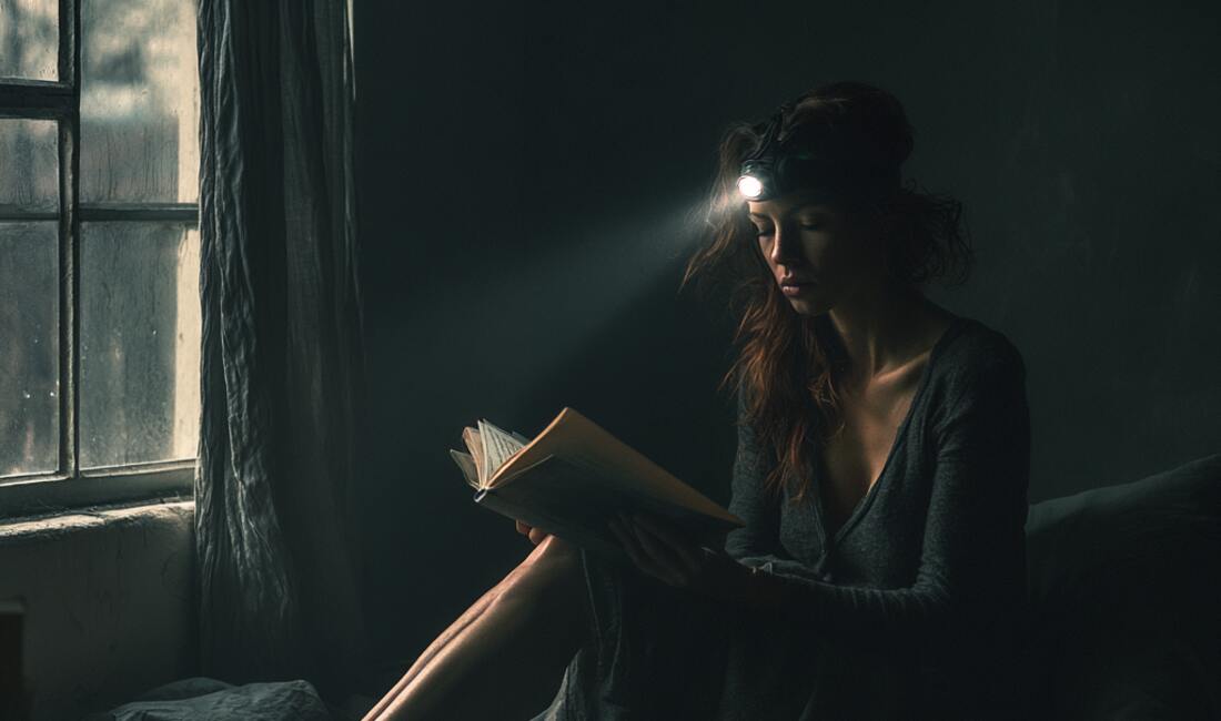 A woman reading a book in a dark room by the beam of a headlamp