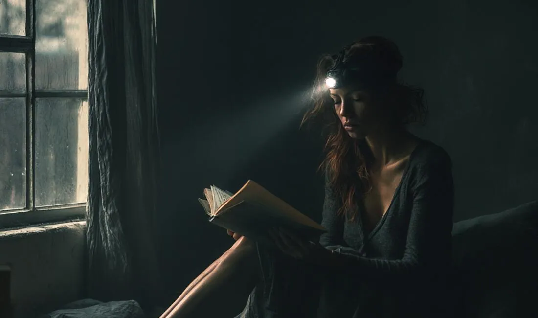 A woman reading a book in a dark room by the beam of a headlamp