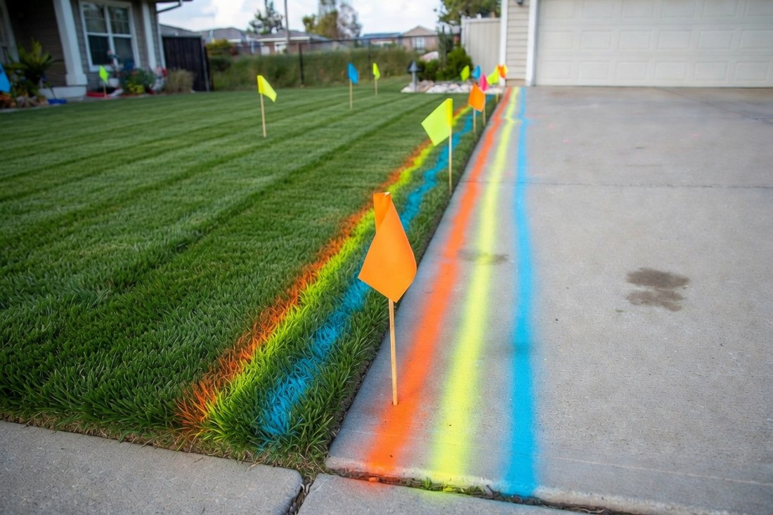 Colored utility locate marks sprayed in lines across a suburban lawn and driveway with matching marker flags pushed into the grass