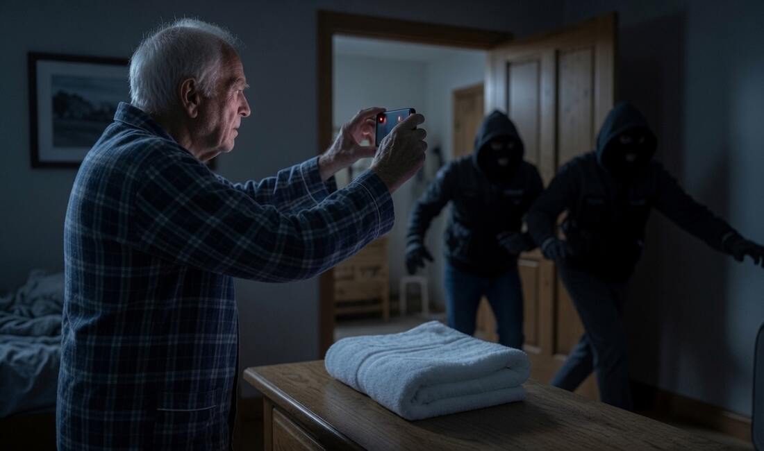 A senior man in pajamas calmly pointing his phone camera at his bedroom doorway as two masked intruders come through it