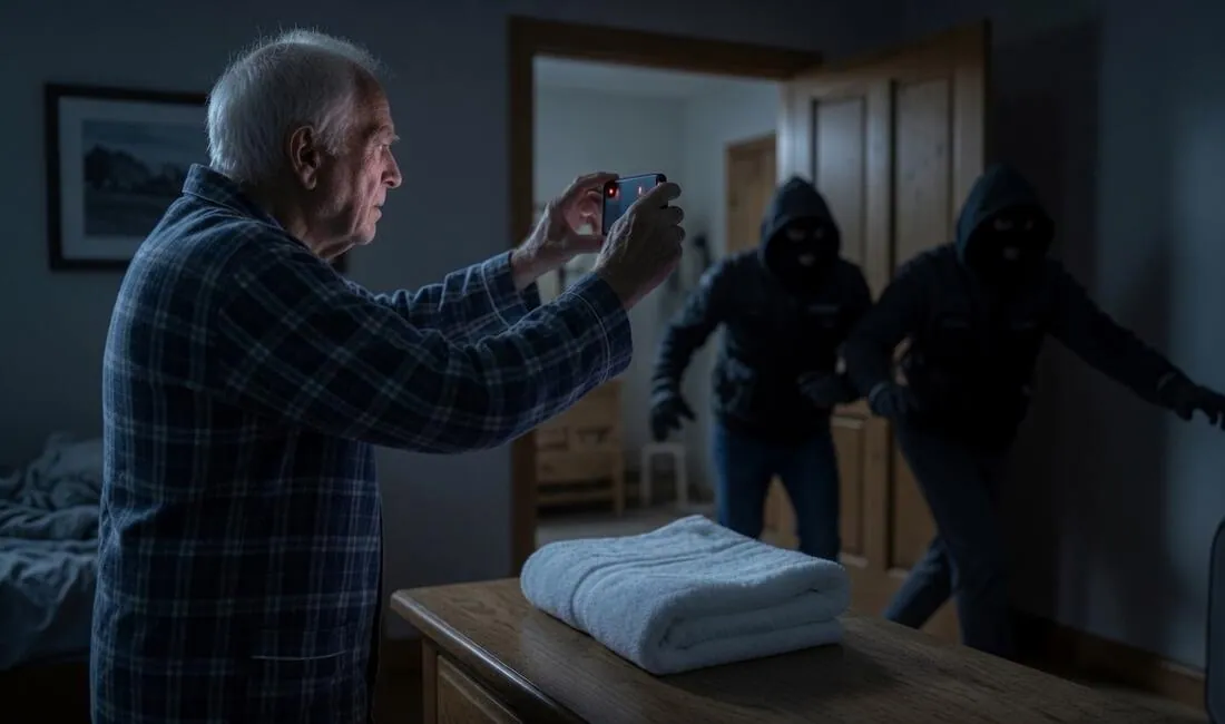 A senior man in pajamas calmly pointing his phone camera at his bedroom doorway as two masked intruders come through it
