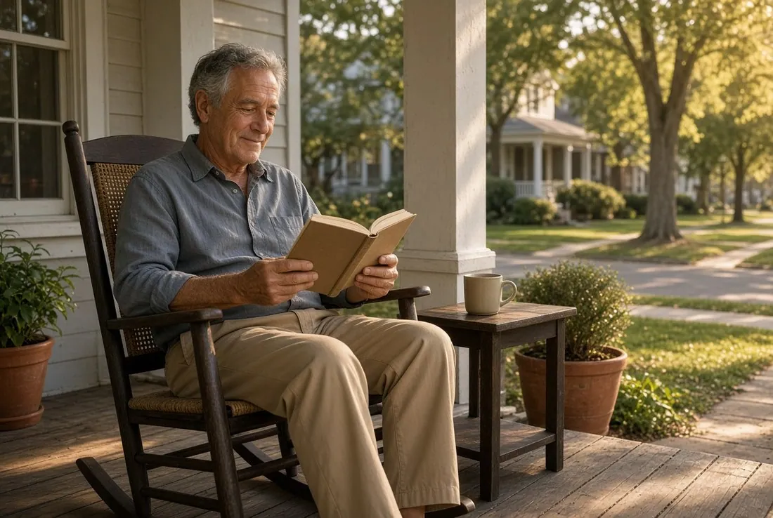 An older man alone in a rocking chair on a shaded porch in the morning, reading a book with a mug on the table beside him, entirely at ease