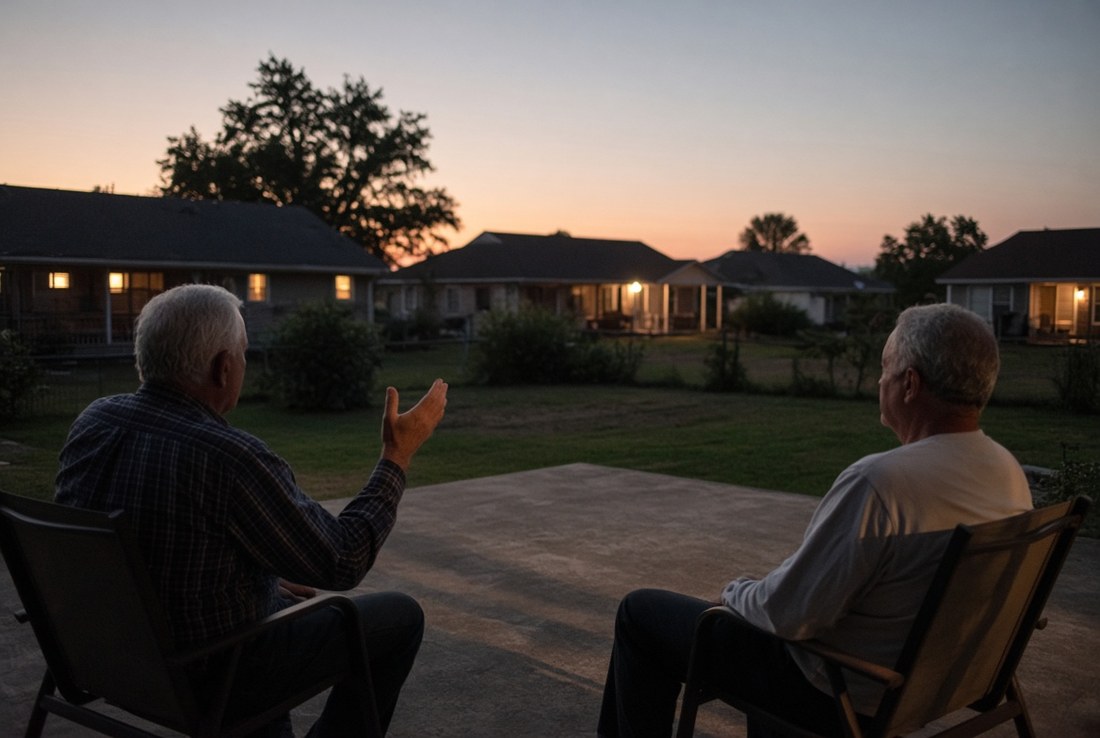Two older men in chairs on a back patio at sunset, seen from behind, one talking with a hand raised and the other sitting back listening