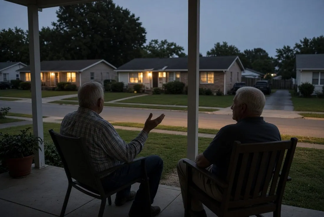 Two older men sitting in chairs on a front porch at dusk, seen from behind, one gesturing mid-story, looking out over a quiet street of single-story houses with their porch lights on