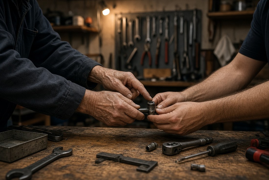 An older man’s hands and a younger man’s hands together over a small mechanical part on a workbench, tools on the wall behind them
