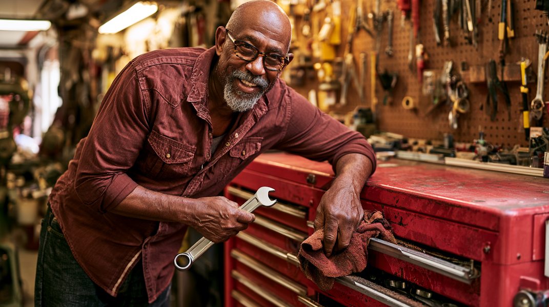 Man in his 60s with glasses leaning on a red tool chest holding a wrench and shop rag, smiling at camera, pegboard full of tools behind him