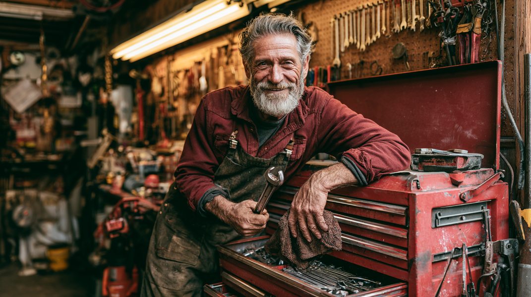 Experienced man in his late 50s leaning on a red tool chest in a garage workshop, holding a wrench and shop rag, smiling at camera