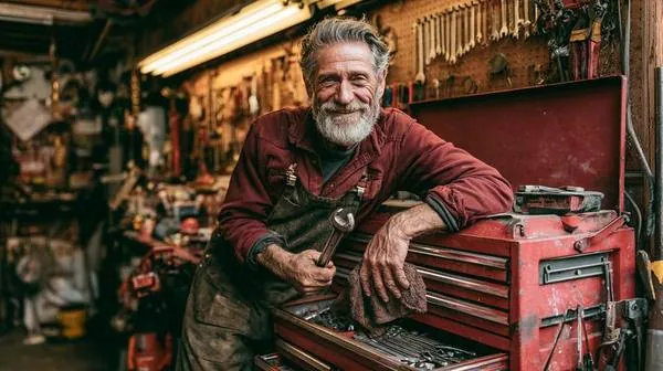 Experienced man in his late 50s leaning on a red tool chest in a garage workshop, holding a wrench and shop rag, smiling at camera