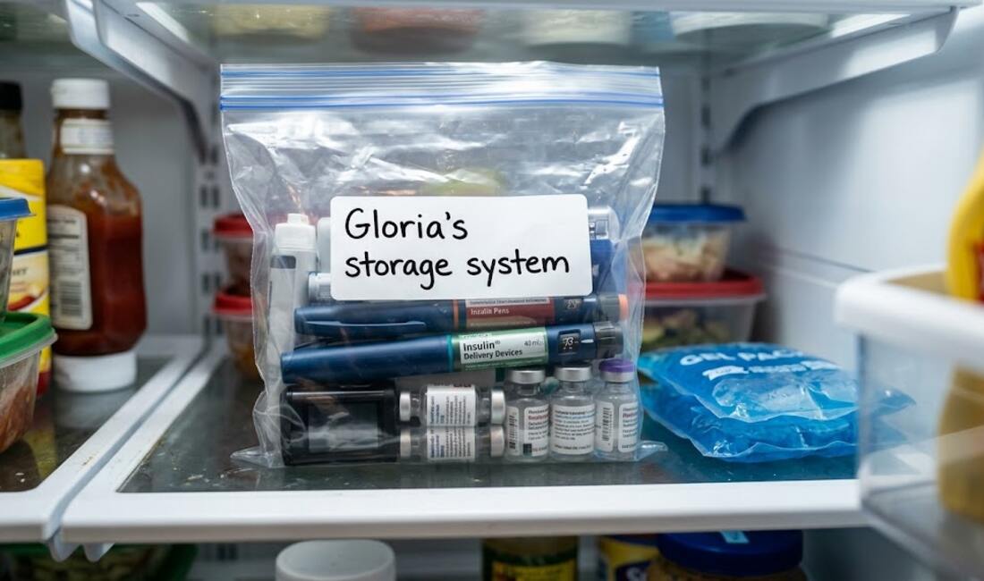 A labeled zip bag of insulin pens and vials organized on a refrigerator shelf beside a gel ice pack