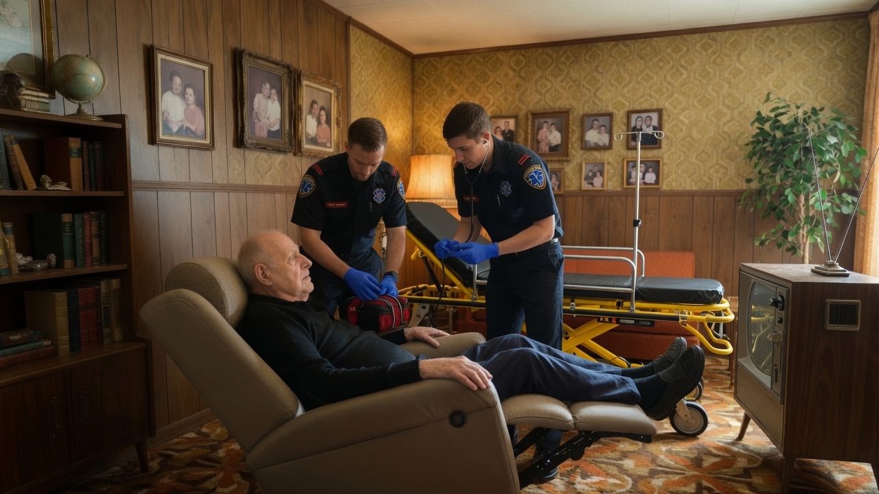 Two paramedics with a stretcher attending an older man in his recliner at home — the first minutes, when the card does the talking