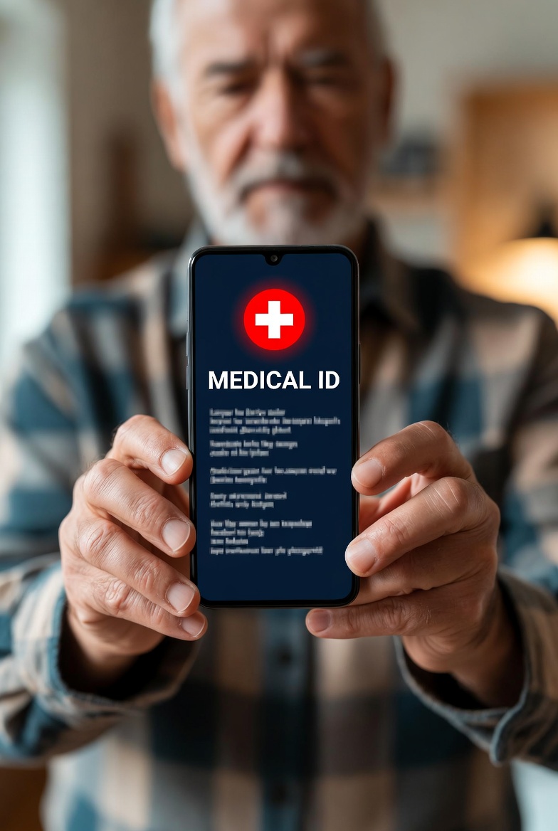 An older man holding up his phone, the screen showing a red medical cross and the words MEDICAL ID above his information — filled out on a calm afternoon, ready for the day it speaks for him