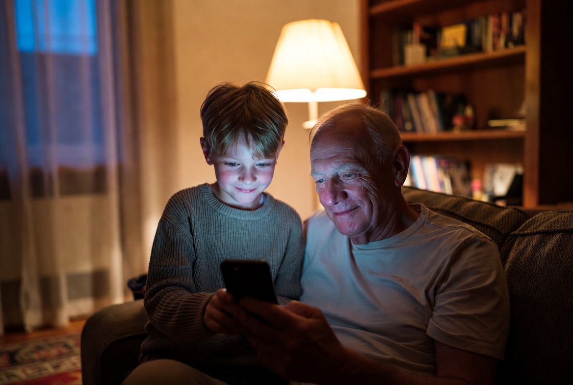 A grandfather and his grandson on the couch in lamplight, the boy setting up the lock-screen medical ID on his grandfather's phone