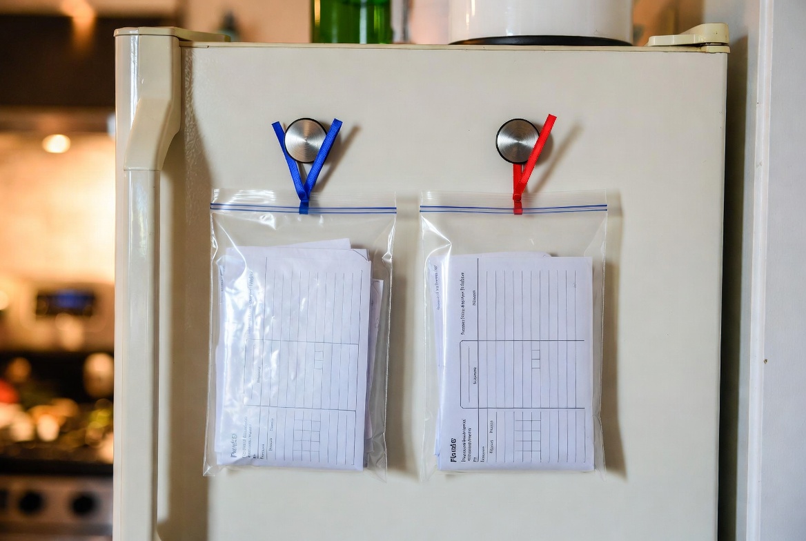 Two zip bags of medical forms hanging side by side on a refrigerator, one marked with a blue ribbon and one with a red — his and hers, one card per person
