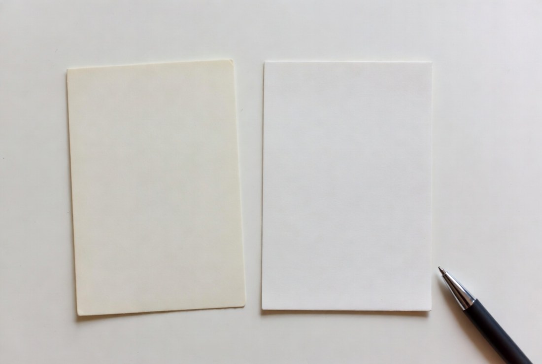 Two blank index cards lying side by side on a plain surface, one yellowed and soft at the corners and one crisp and new, a pen beside them