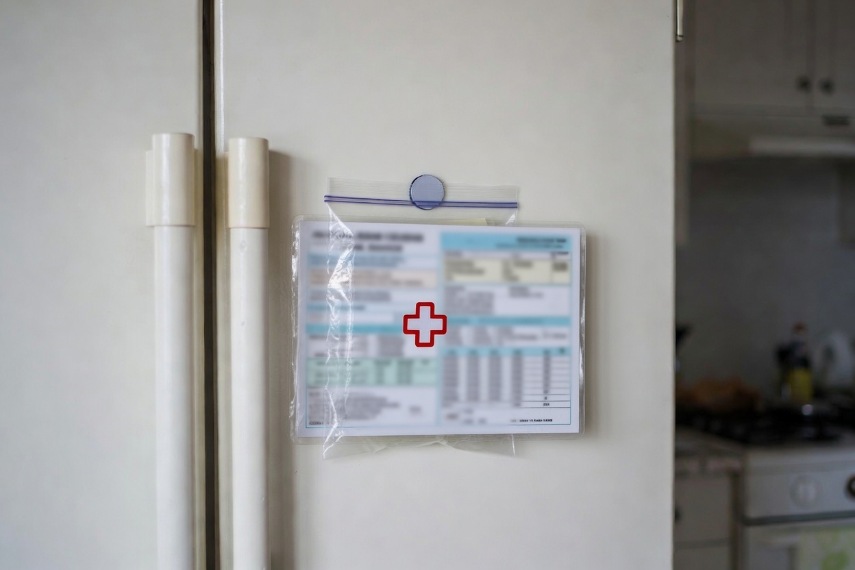 A clear zip bag holding a medical information sheet, marked with a red cross, hanging at eye level on a refrigerator door — visible from across the kitchen