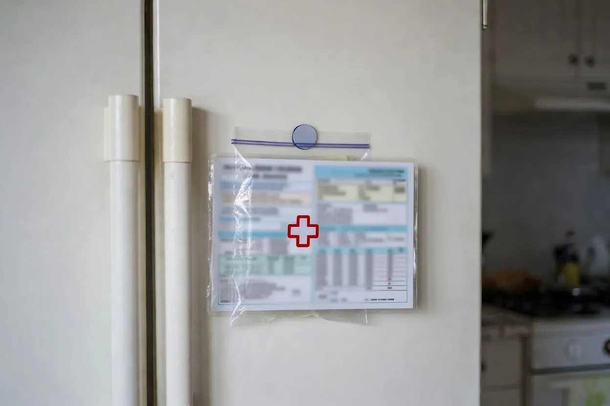 A clear zip bag holding a medical information sheet, marked with a red cross, hanging at eye level on a refrigerator door — visible from across the kitchen