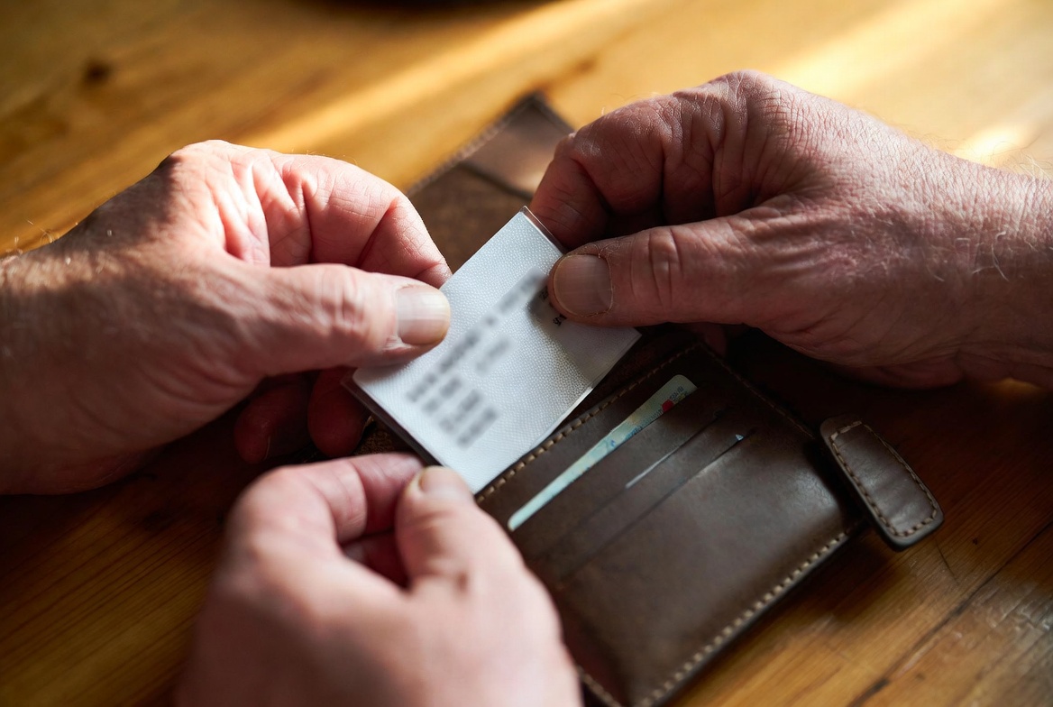 Weathered hands sliding a small laminated card into a leather wallet, right behind the driver's license slot