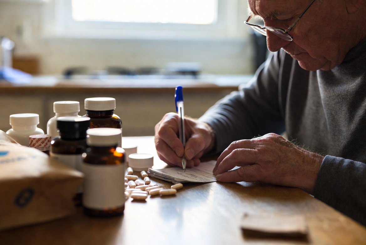 An older man in reading glasses at his kitchen table, writing out his medication list by hand with his pill bottles and pharmacy bag gathered in front of him