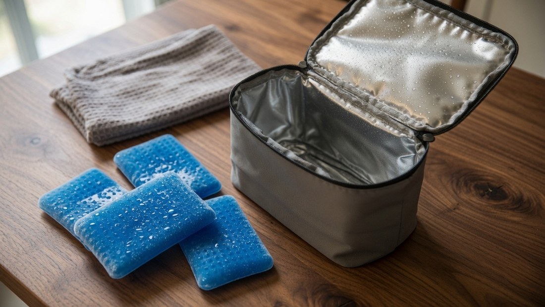 A small soft cooler bag standing open and empty on a wooden table with frozen gel packs and a folded towel laid out beside it