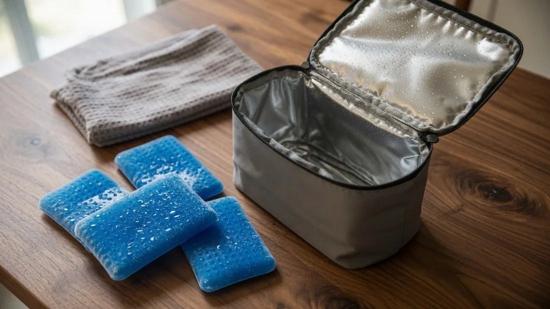 A small soft cooler bag standing open and empty on a wooden table with frozen gel packs and a folded towel laid out beside it