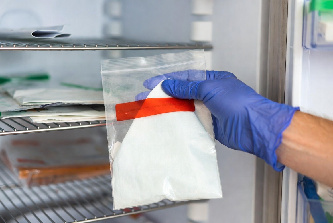 A pharmacist's gloved hand placing a labeled bag of refrigerated medication into the pharmacy fridge — the cold chain your prescription rides before it ever reaches your kitchen