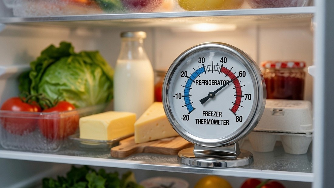 A dial refrigerator thermometer standing on a fridge shelf among ordinary food, its needle sitting just above the cold band