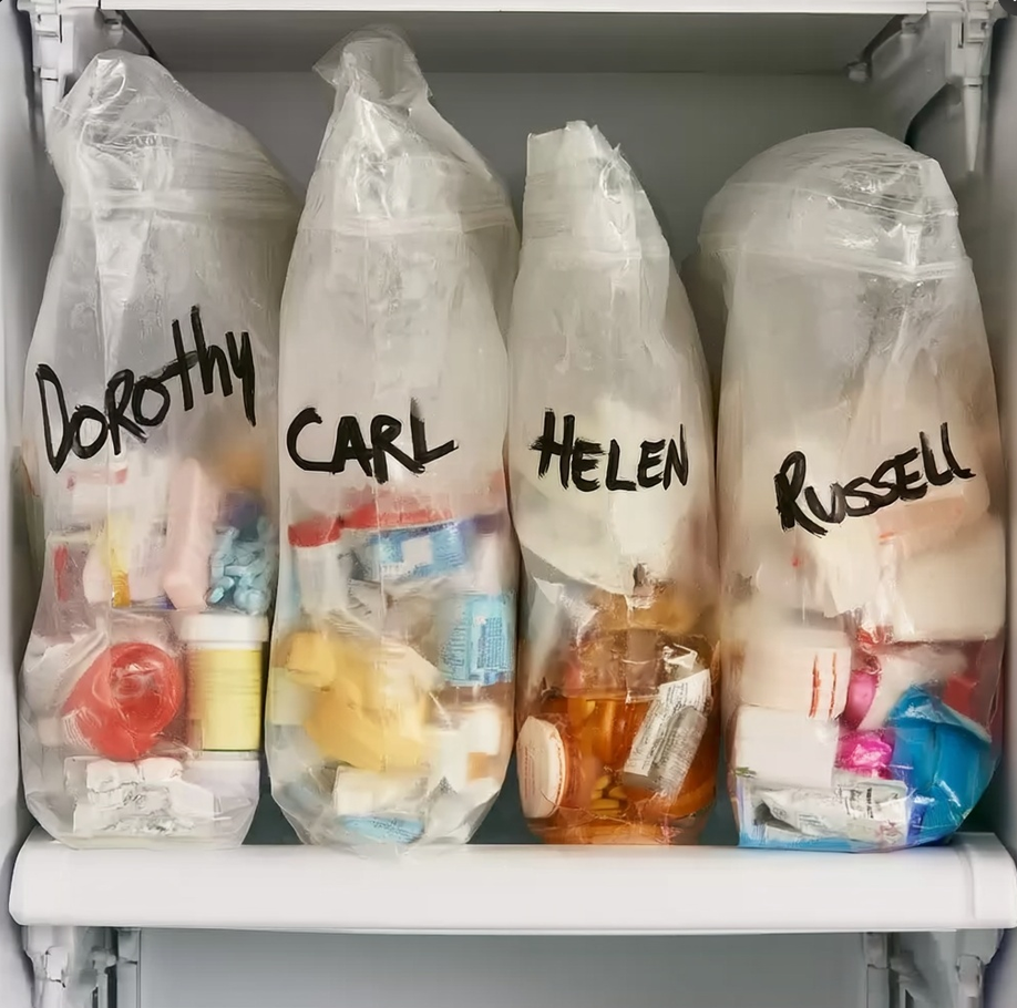 Four Ziploc freezer bags labeled Dorothy Carl Helen and Russell filled with medications standing on freezer shelf