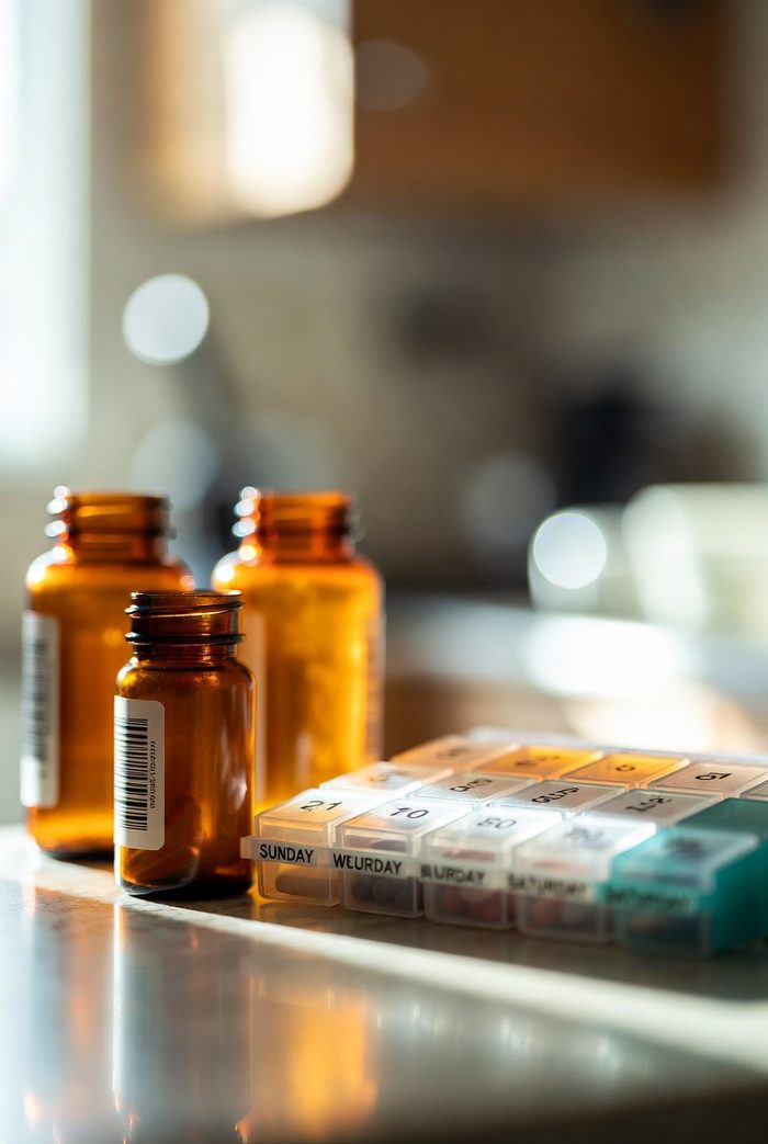 Amber prescription bottles beside a large weekly pill organizer on a kitchen counter in morning light
