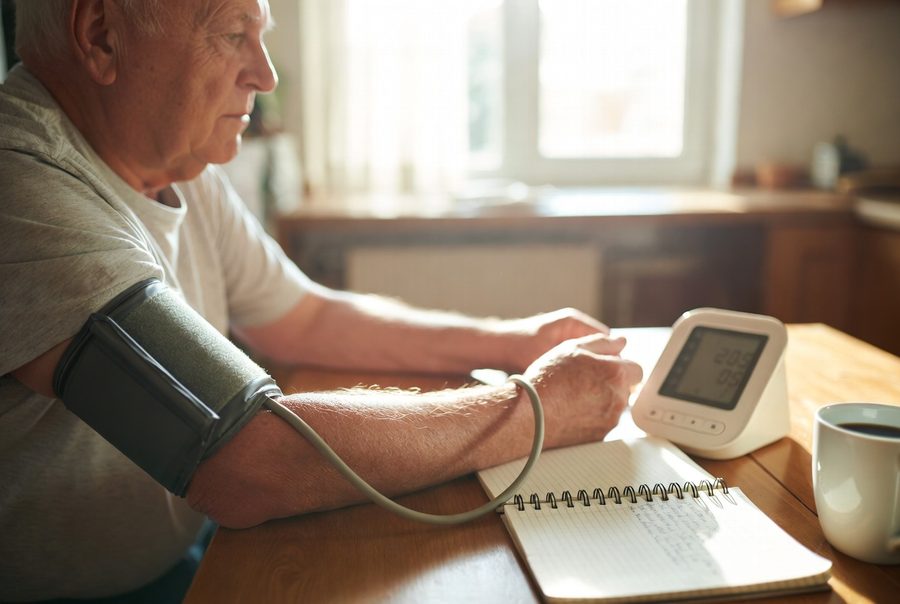 Man in his 70s at a kitchen table taking his blood pressure with an upper-arm cuff, writing the reading in a spiral notebook