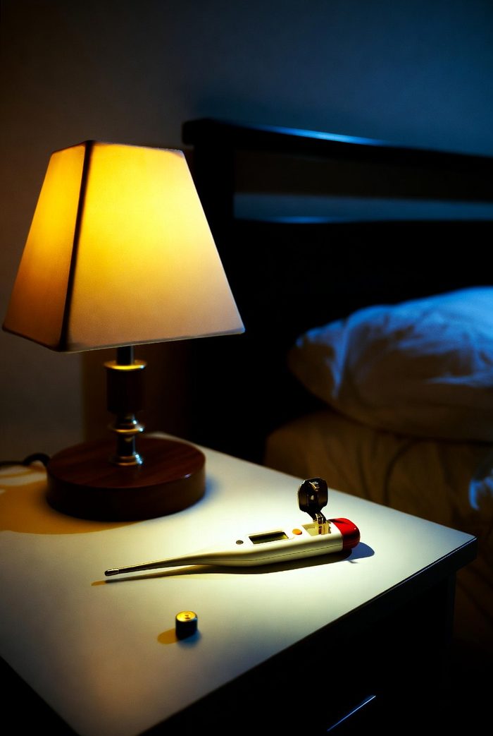 Digital thermometer on a nightstand at night with its battery door open and empty, one loose battery beside it, lit by a bedside lamp
