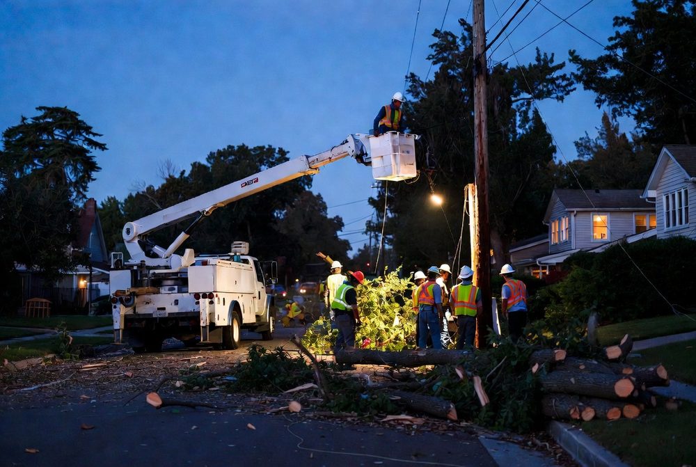 A utility line crew working at dusk from a bucket truck to replace a broken power pole on a residential street, with cut tree trunks stacked at the curb and one house behind them showing lit windows