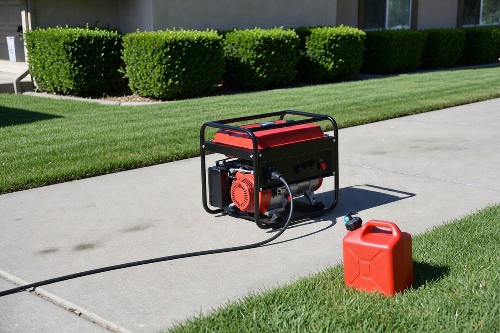 A portable generator running on a driveway well clear of the house, with a red fuel can standing separately on the grass several feet away from the machine and a cord running off toward the building