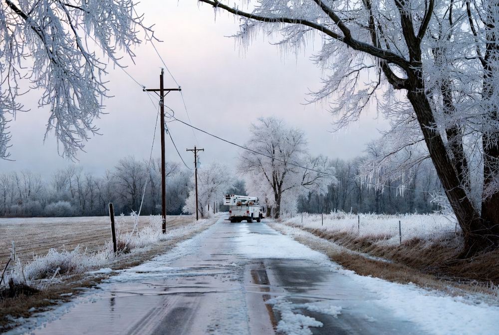 A glazed rural road after an ice storm, every tree and wire sheathed in ice, with a single utility bucket truck stopped in the distance