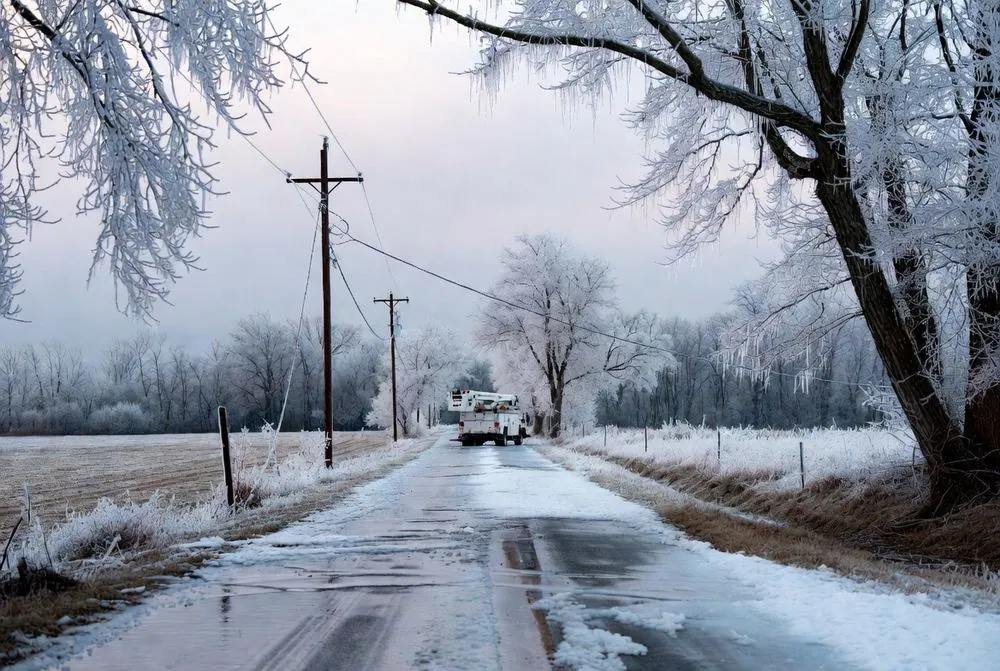 A glazed rural road after an ice storm, every tree and wire sheathed in ice, with a single utility bucket truck stopped in the distance