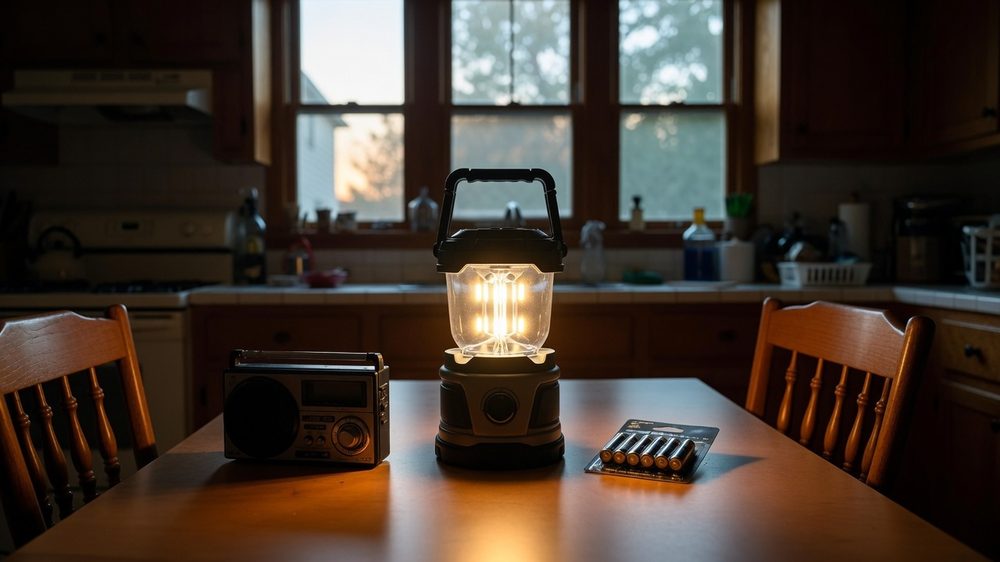 A battery lantern lit on a kitchen table at dusk with a battery radio beside it and a card of spare batteries next to the radio, the windows behind showing the last of the daylight