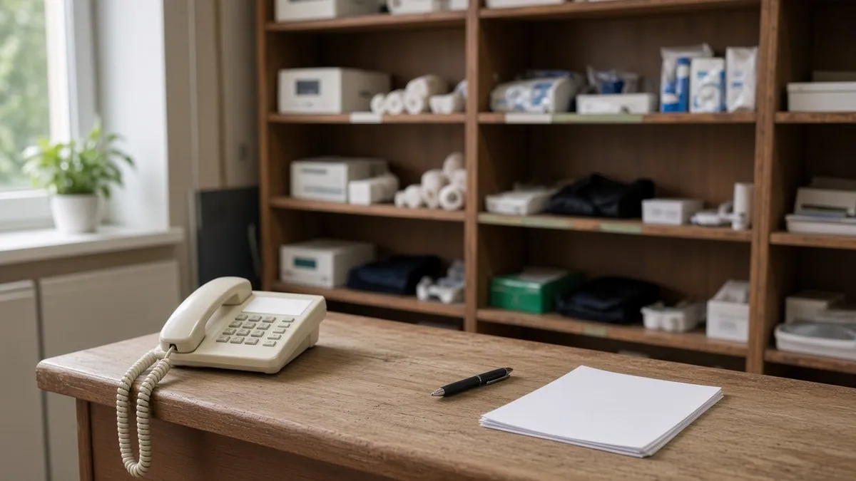 A small medical equipment shop counter in daylight with a telephone, a pen and a stack of blank paper on it, shelving of boxed supplies softly out of focus behind