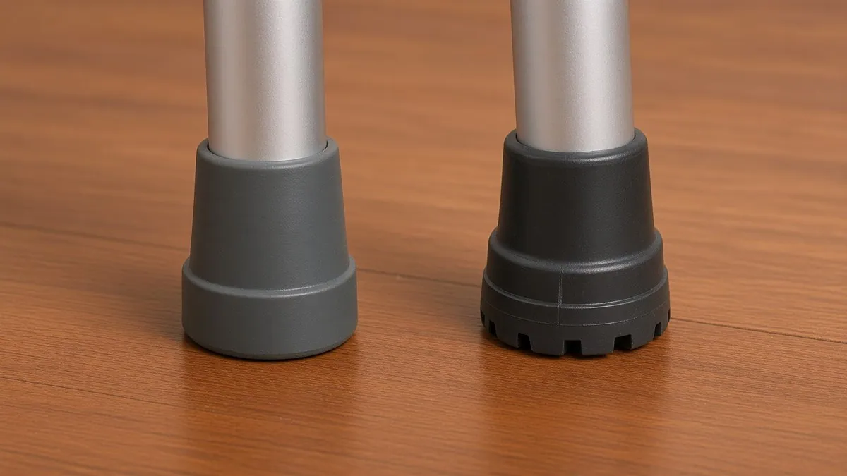Two walking-aid legs side by side on a wooden floor, the rubber tip on the left worn completely smooth and flat, the tip on the right new with sharp fresh tread