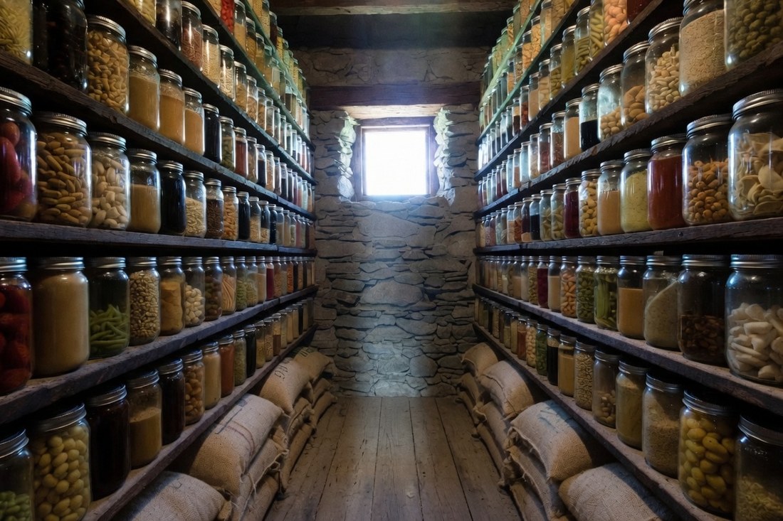 A deep stone-walled pantry with shelves from floor to ceiling packed with home-canned jars, sacks of dry goods stacked below and one small window at the far end