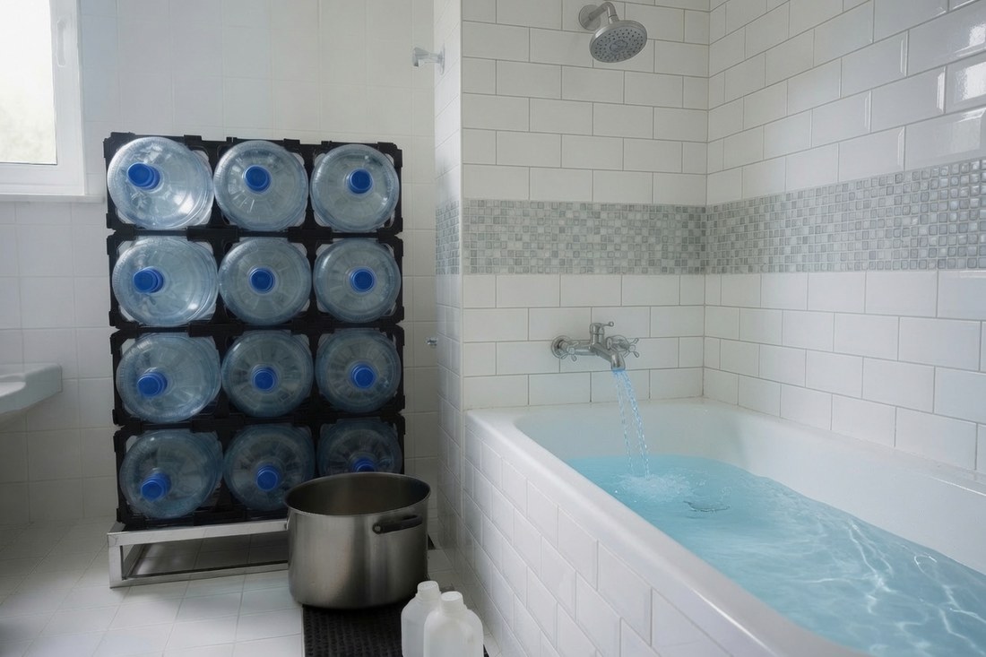 A bathtub filling with the cold tap running hard into it, a rack of stored five-gallon water bottles against the wall beside it, a large stockpot and plastic jugs standing on the tiled floor