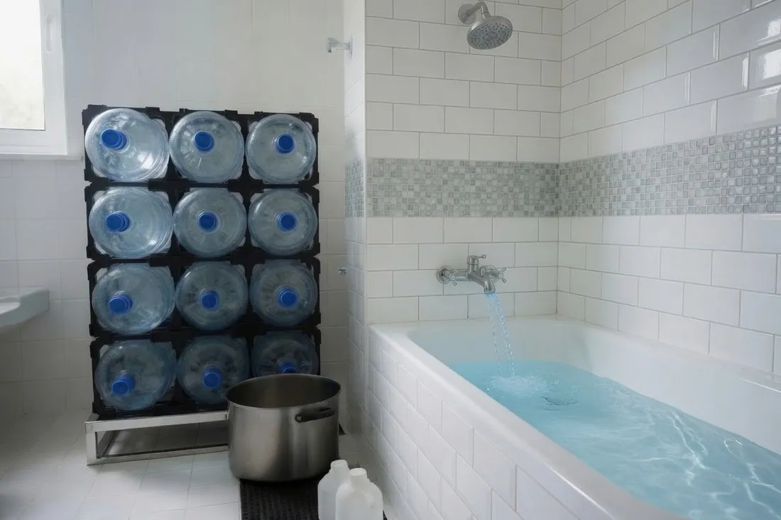 A bathtub filling with the cold tap running hard into it, a rack of stored five-gallon water bottles against the wall beside it, a large stockpot and plastic jugs standing on the tiled floor