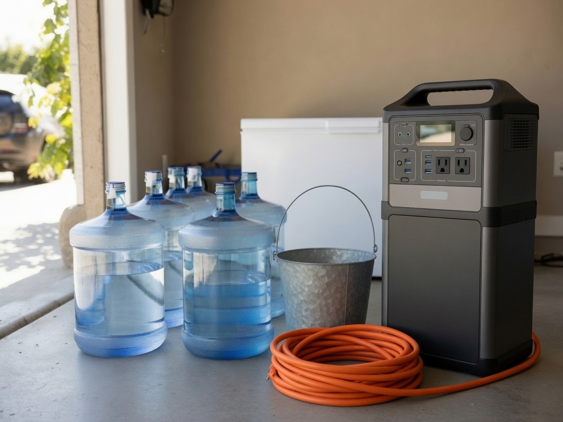 Five-gallon water bottles, a galvanised bucket of ice, a coiled extension cord and a portable battery power station standing on a garage floor beside a chest freezer