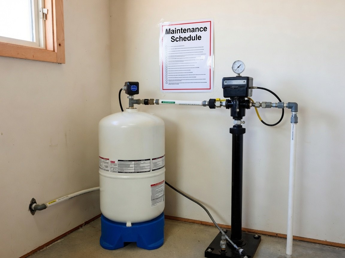 A domestic well pressure tank and pump control assembly in the corner of a utility room, with a pressure gauge, wiring and a maintenance schedule taped to the wall above