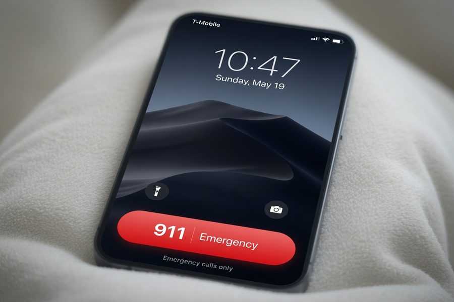 Cell phone lock screen showing the words Emergency calls only during an extended power outage