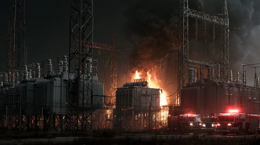 Electrical substation transformer on fire at night with fire engines responding — the kind of grid-sparked fire a Public Safety Power Shutoff is meant to prevent