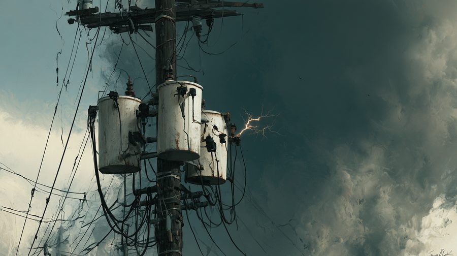 Pole-mounted electrical transformers under a storm sky with an arc sparking near the lines — the kind of equipment fault a shutoff is meant to prevent