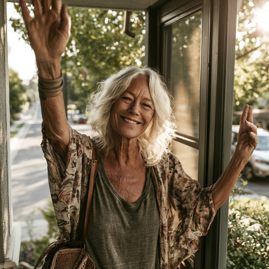 Older woman on her front porch smiling and waving to neighbors on a sunny afternoon
