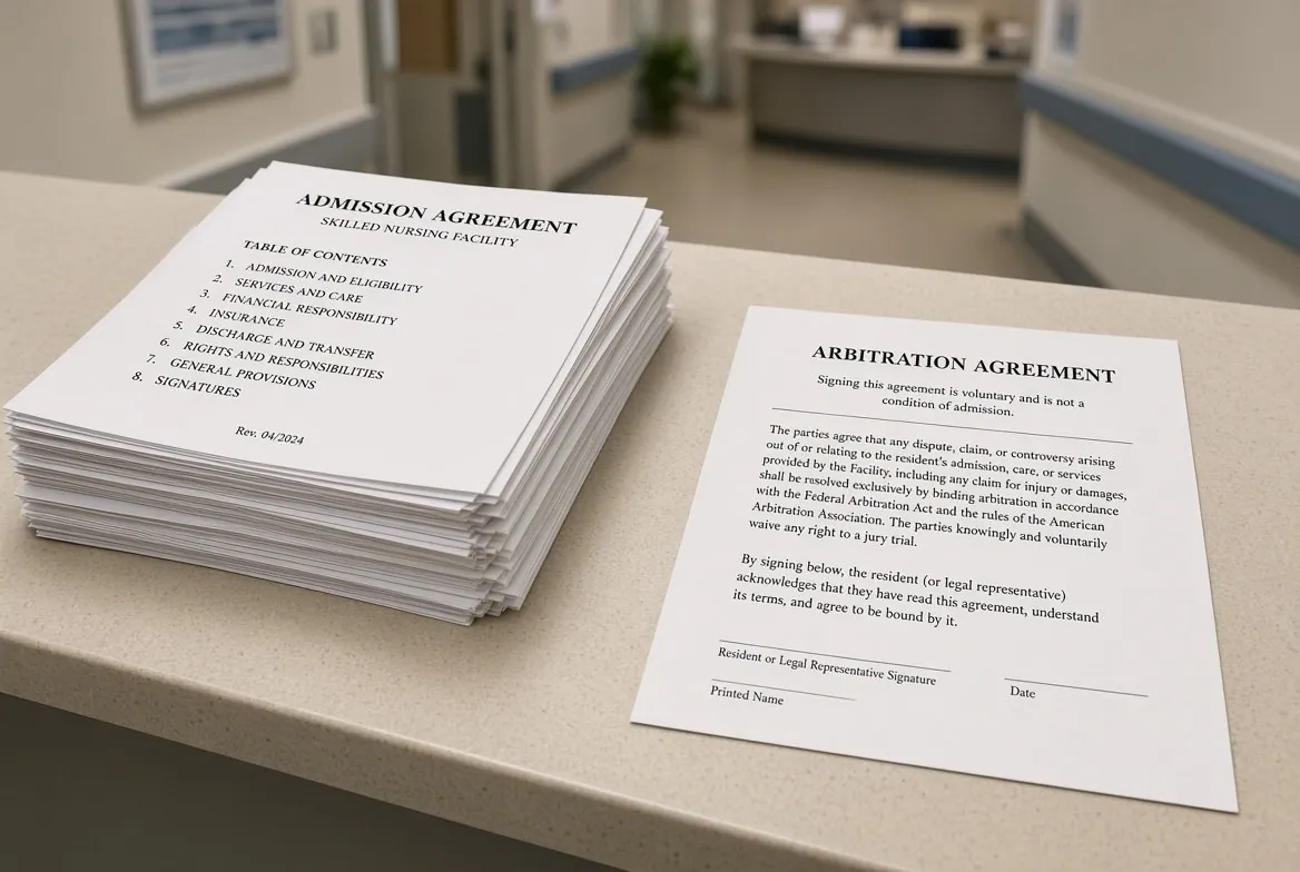A thick stack of American skilled nursing facility admission agreement pages on a counter, with a single separate arbitration agreement sheet lying beside it, headed with a line stating that signing is voluntary and not a condition of admission
