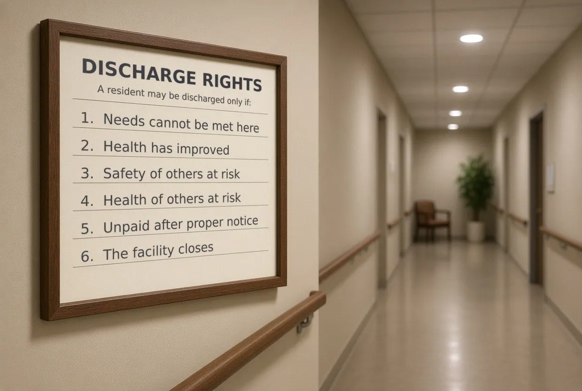 A framed notice headed Discharge Rights on the wall of an American nursing facility corridor above a wooden handrail, listing the six lawful reasons a resident may be discharged, the corridor receding out of focus behind it