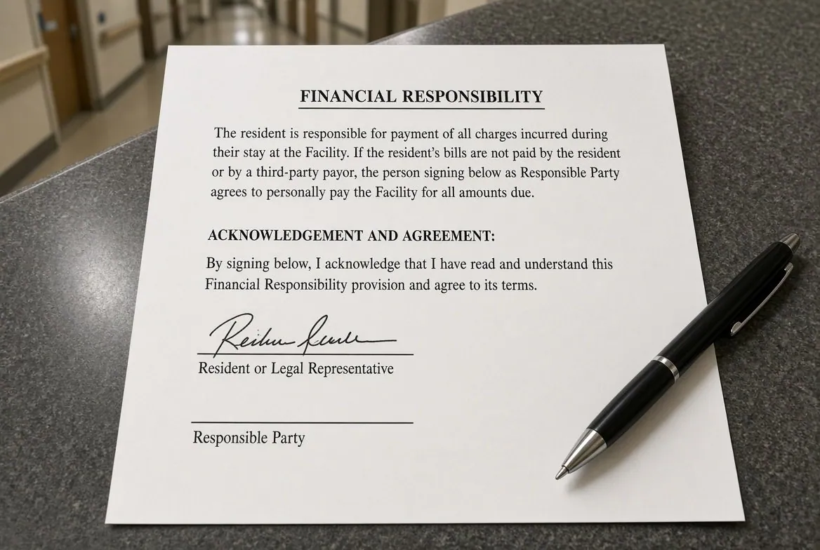 An American nursing home financial responsibility page on a counter with a pen beside it, the resident line signed and the line beneath it headed Responsible Party still blank